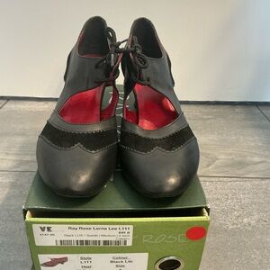 Ray Rose Black Leather & Suede Lace-Up Heels with Red Interior